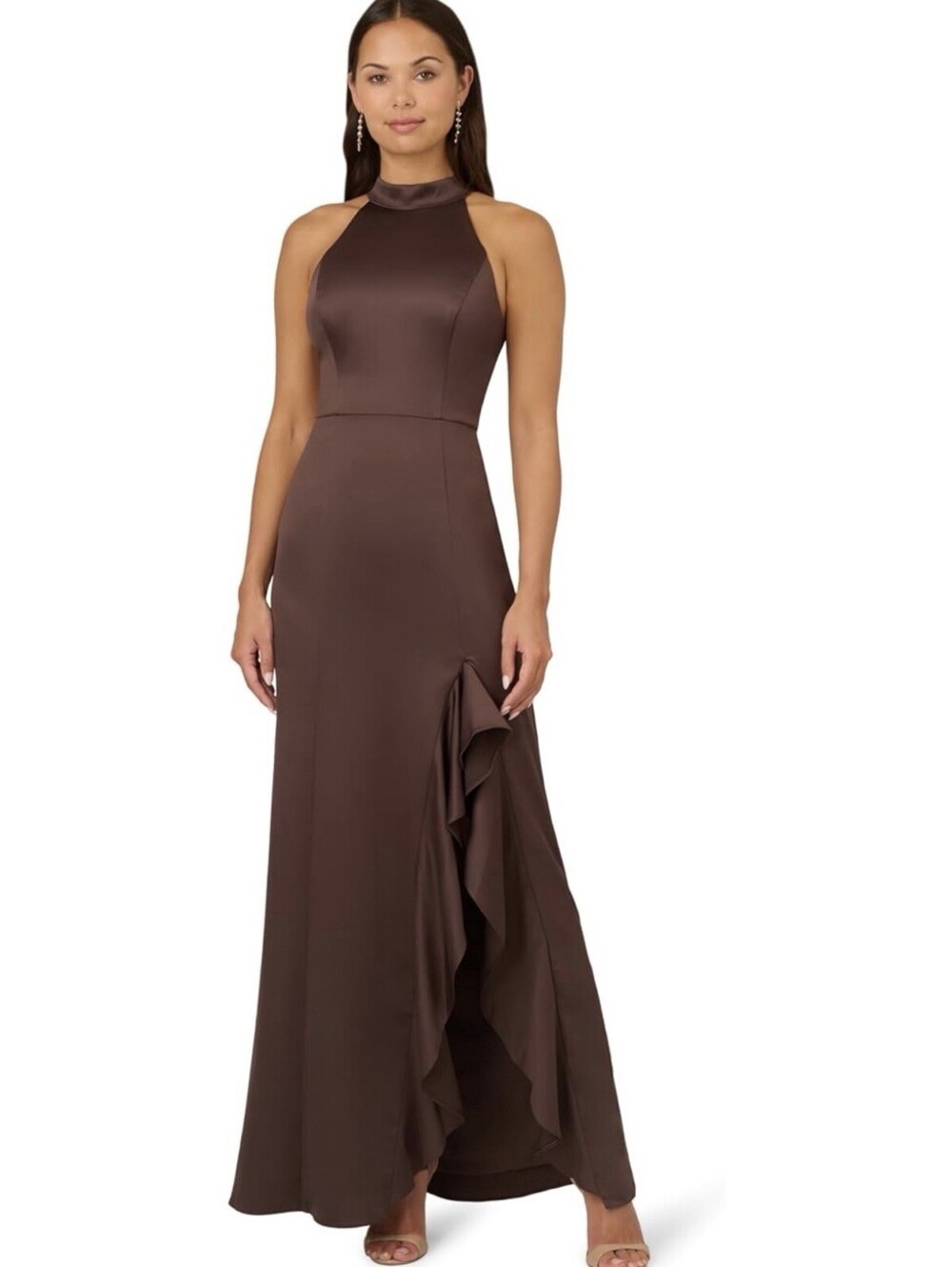 Adrianna Papell Brown High-Neck Ruffle Gown